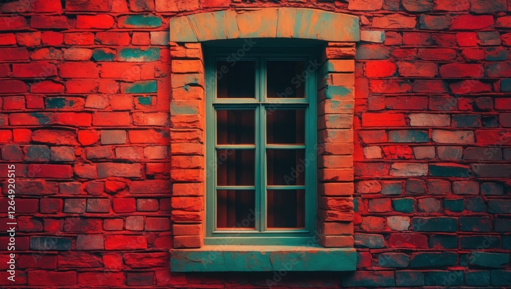 Poster colorful vintage brick wall with window and green frame illuminated by warm lighting and reflections