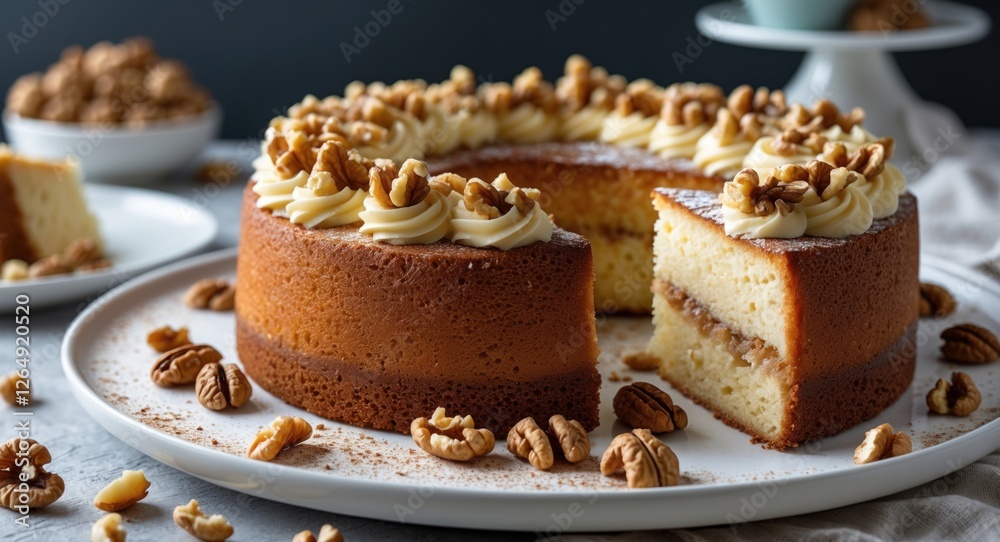 Poster Delicious buttercream frosted cake with nuts and a slice removed on a white plate with scattered pecans and a dark background. Copy Space