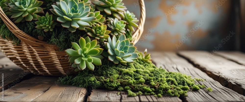 Poster succulent plants arranged in a wicker basket with moss on a rustic wooden surface, blurred backgroun