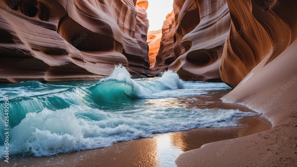Poster canyon landscape with flowing turquoise water and red rock formations creating natural patterns at s