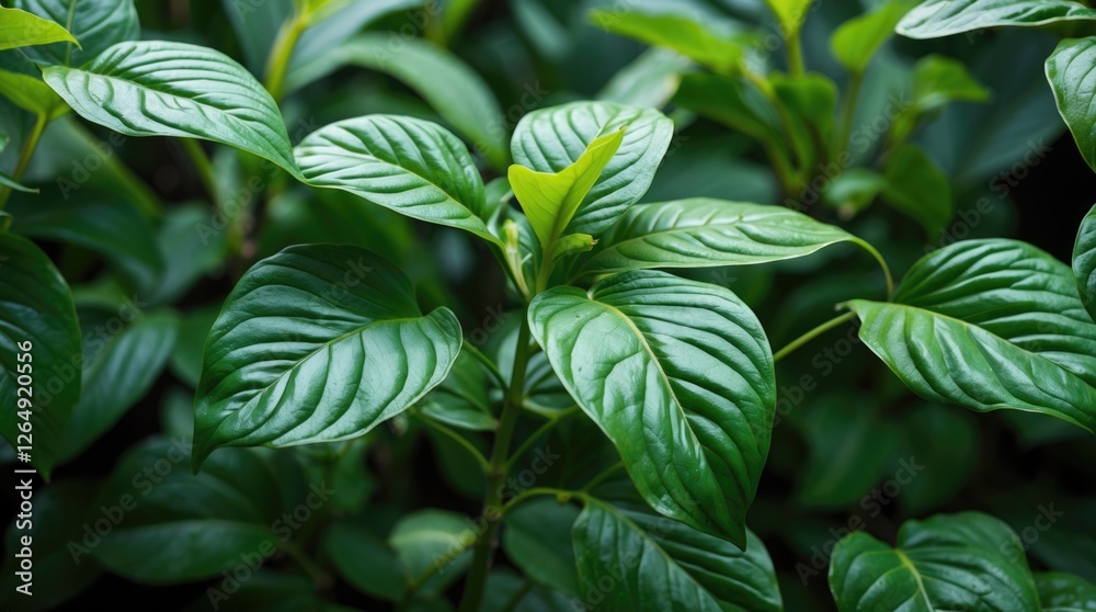 Poster green leaves with prominent vein patterns in a lush foliage environment with natural light and shado