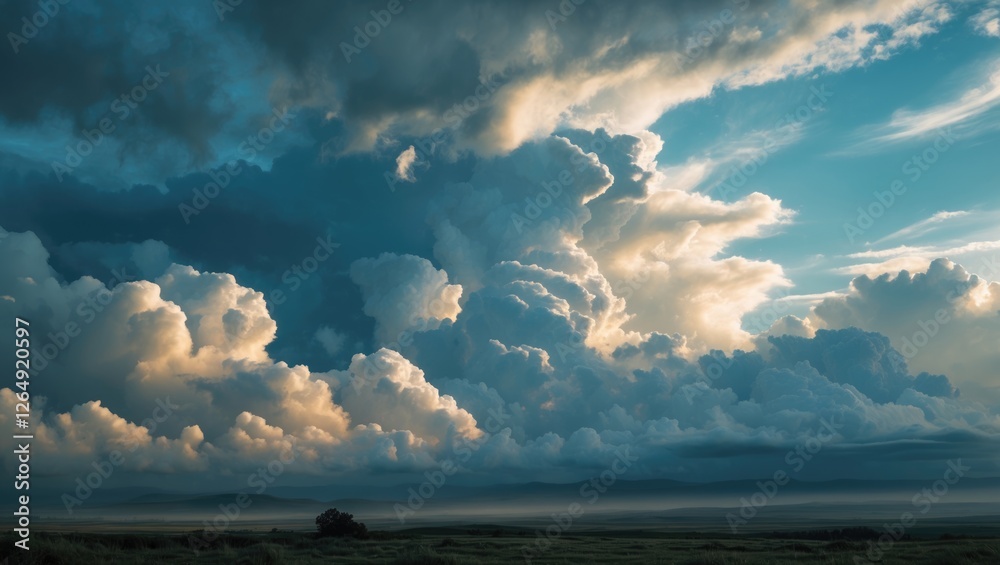 Poster dramatic cloud formation under blue sky over open landscape with soft light revealing texture and de