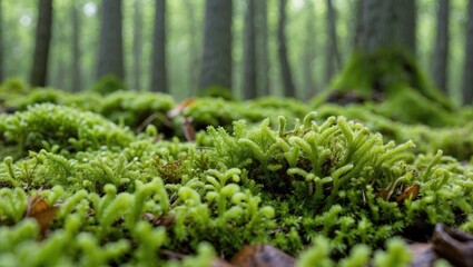 Moss and lush greenery in forest setting with blurred trees in background showcasing detailed textures and natural colors Copy Space