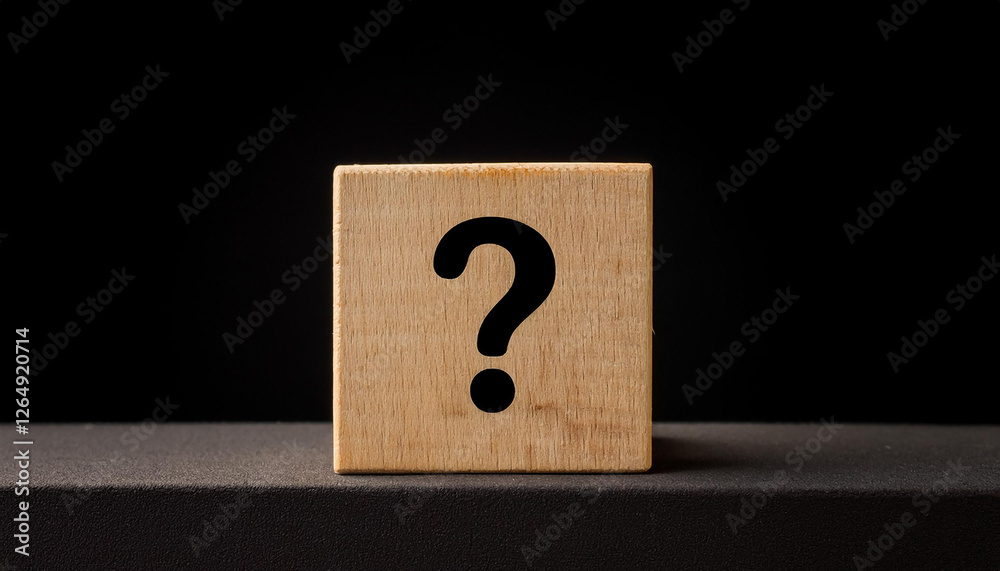 Poster wooden cube with question mark against black background. faq and qa. problem solution.