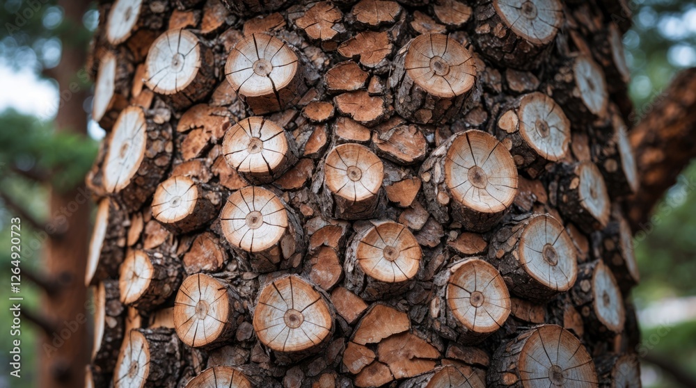 Poster Close-up view of textured tree bark with circular wood patterns showing growth rings and natural imperfections Copy Space