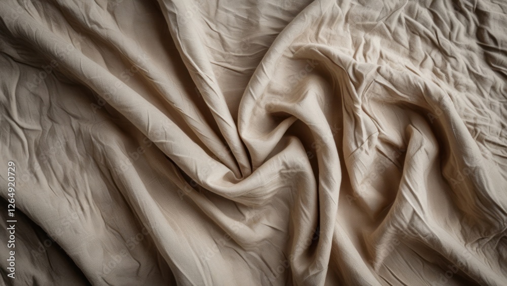 Poster beige wrinkled fabric texture background with soft folds and natural creases suitable for textile de