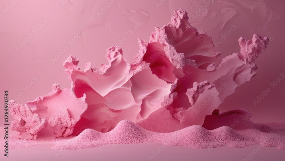 Poster 3D abstract pink textured shapes with soft organic forms and flowing designs on a light pink background Copy Space