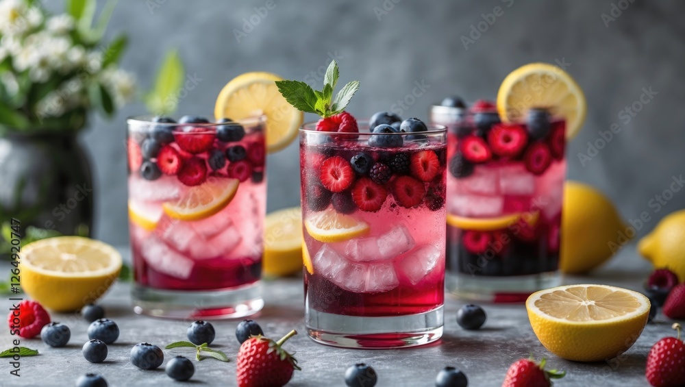 Poster fresh berry lemonade cocktails with raspberries, blueberries, and lemon slices in glasses on a rusti