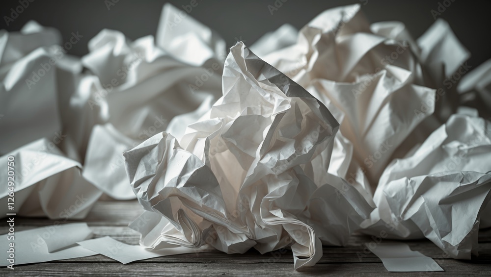 Aufkleber Crumpled white paper sheets scattered on wooden surface with natural light and shadows creating texture and depth Copy Space