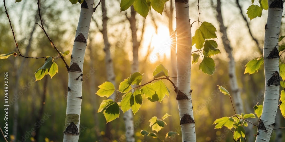 Aufkleber Sunset through Birch Trees with Green Leaves and Soft Light in a Forest Setting Copy Space