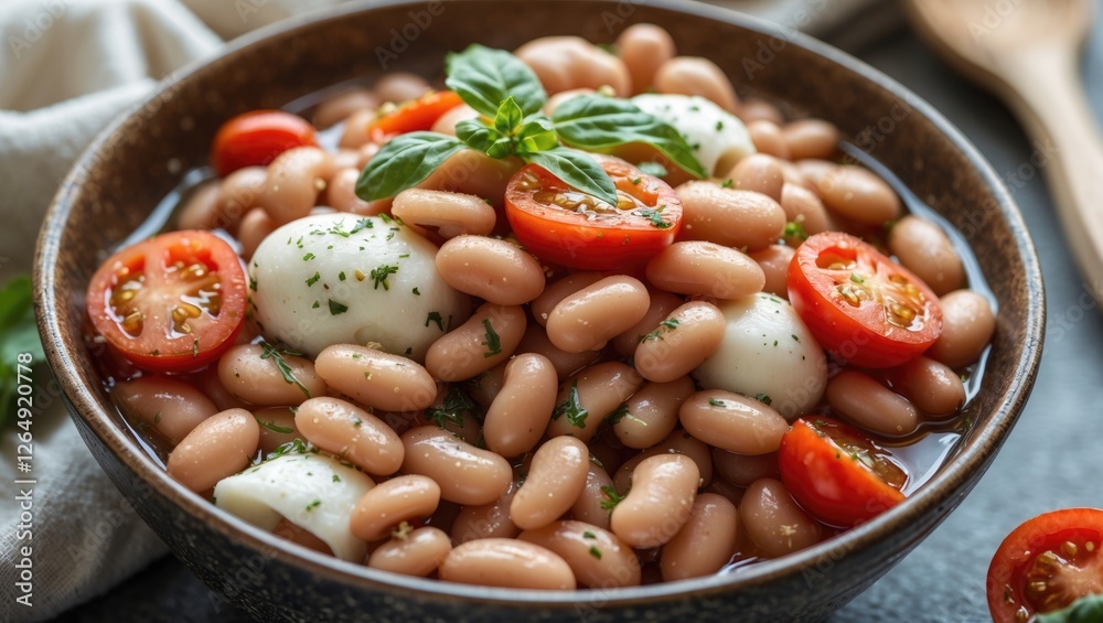Poster cooked white beans salad with cherry tomatoes and fresh basil in a dark bowl on a textured surface w
