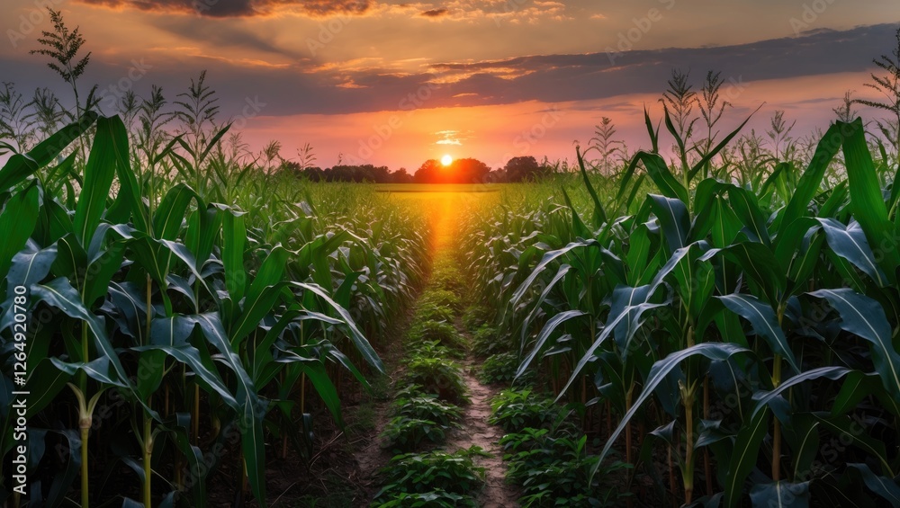 Aufkleber sunset over corn field with rows of green corn plants and pathway leading to horizon illuminated by 