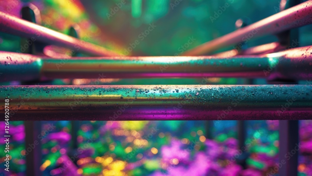 Poster Close-up view of weathered metallic railing with colorful bokeh effects in a lush forest setting with vibrant lighting and reflection Copy Space