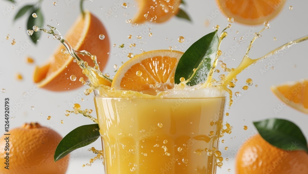 Poster fresh orange juice splash in glass with orange slices and whole oranges on a neutral background copy