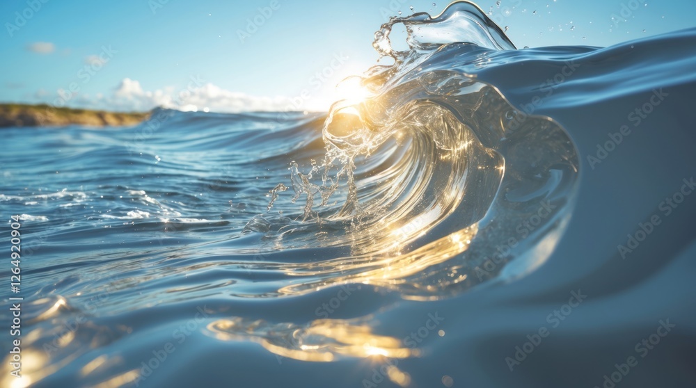 Poster Sunlight reflecting on ocean waves with a close-up of water surface and dynamic water motion against a clear blue sky Copy Space
