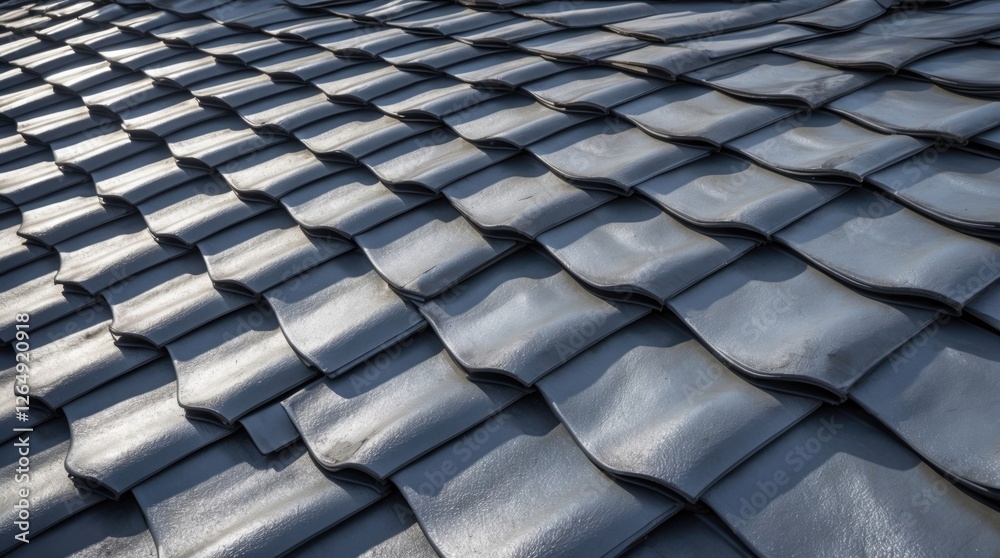 Poster textured roof tiles in a staggered pattern with a glossy finish and natural lighting. copy space