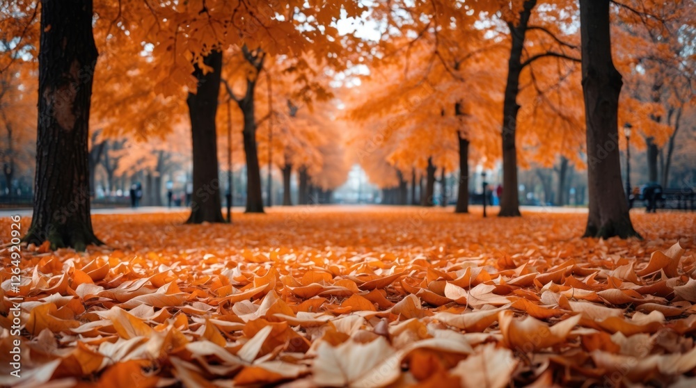 Poster autumn park scene with vibrant orange foliage covering the ground and trees lining a walking path in