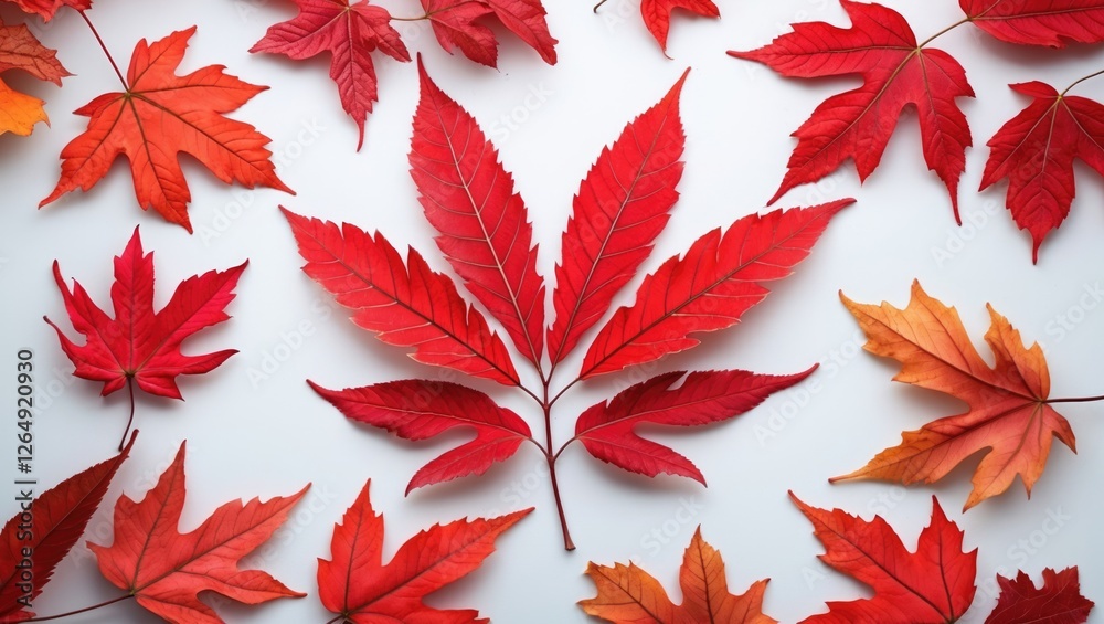 Aufkleber Red autumn leaves arranged on a light background showcasing vibrant colors and textures with Copy Space available for text.
