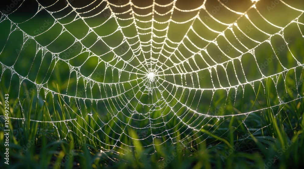 Poster Close-up of a dew-covered spider web in a natural grassy setting with blurred background and sunlight. Copy Space.