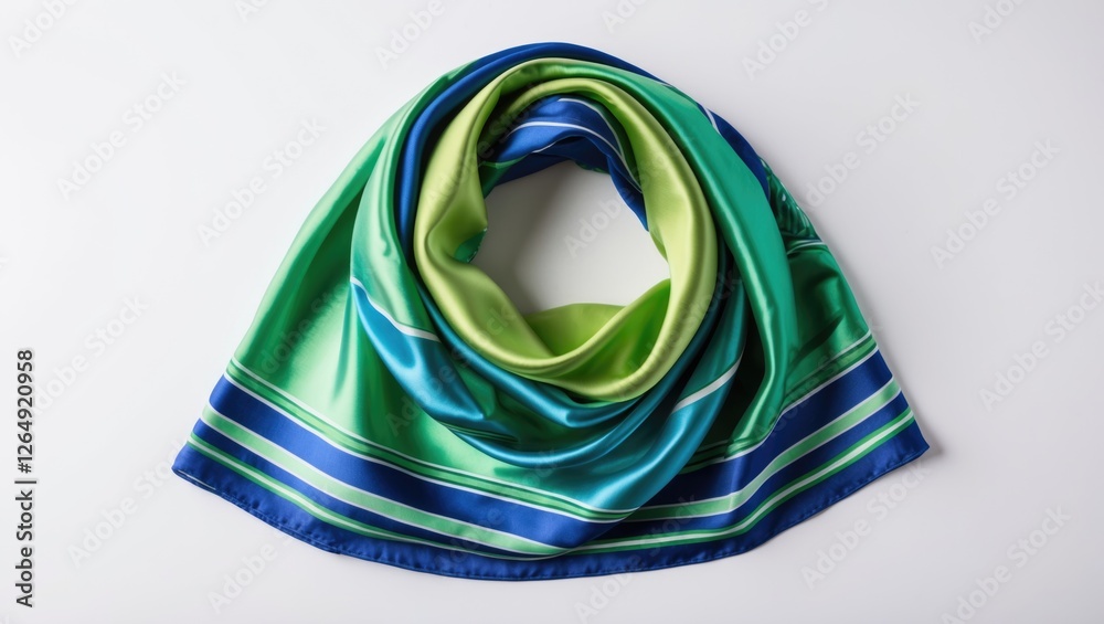 Poster colorful silk scarf folded in a circular shape featuring shades of green and blue with striped patte