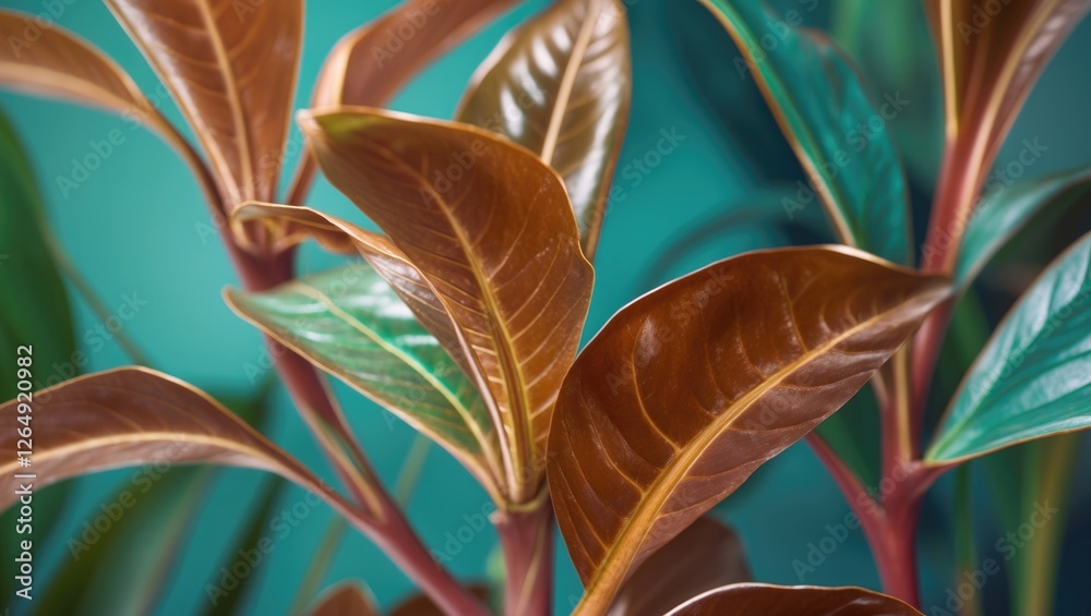 Poster close-up of vibrant houseplant leaves with glossy textures and a soft blurred background, suitable f