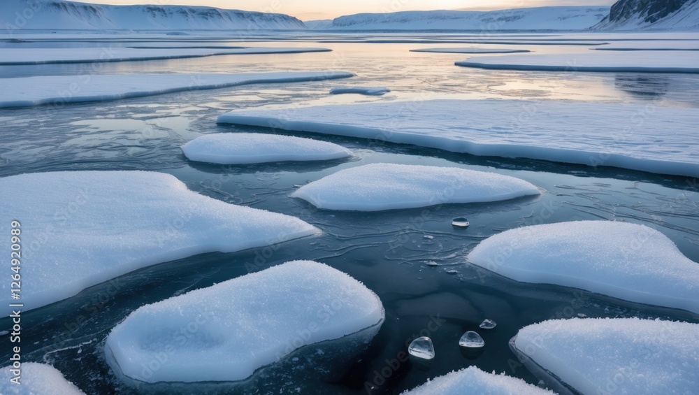 Aufkleber Ice formations on calm water with reflections during twilight in a polar region, abstract ice patterns, Copy Space