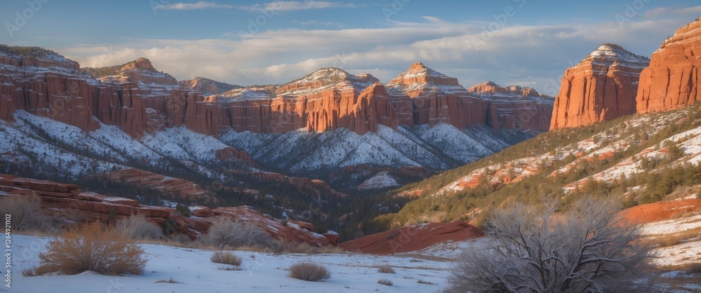 Poster snow-covered red rock mountains with dramatic cliffs and valleys under a cloudy sky in a winter land