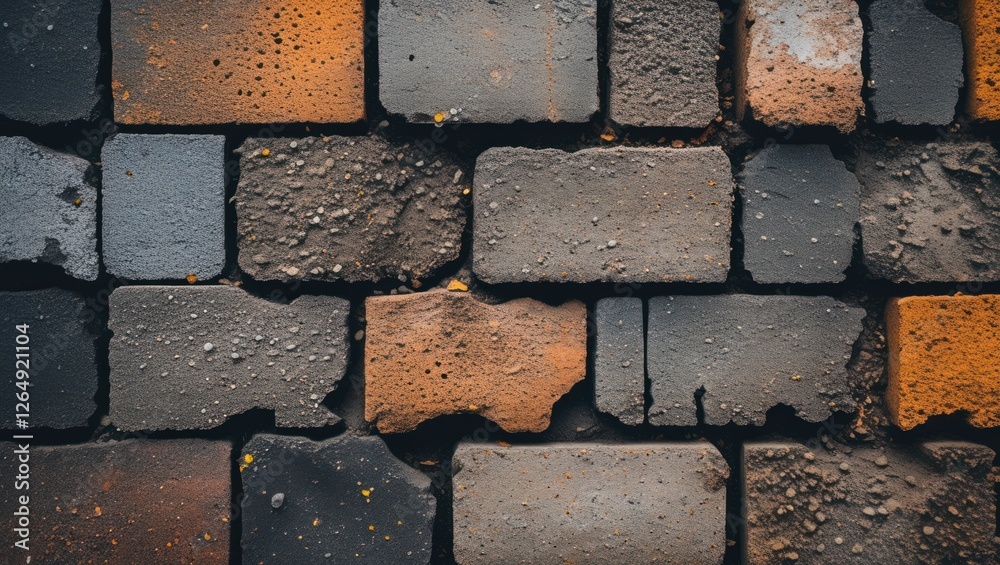 Poster textured surface of old bricks in various colors including gray, black, and orange with visible impe