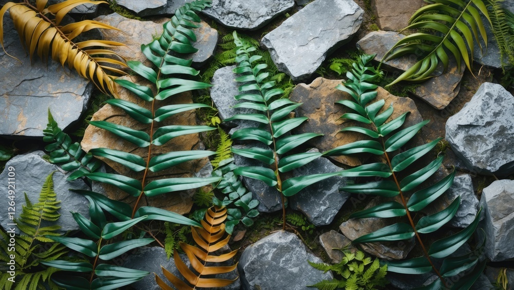 Poster green and yellow ferns on natural stone background with moss providing a textured nature scene with 