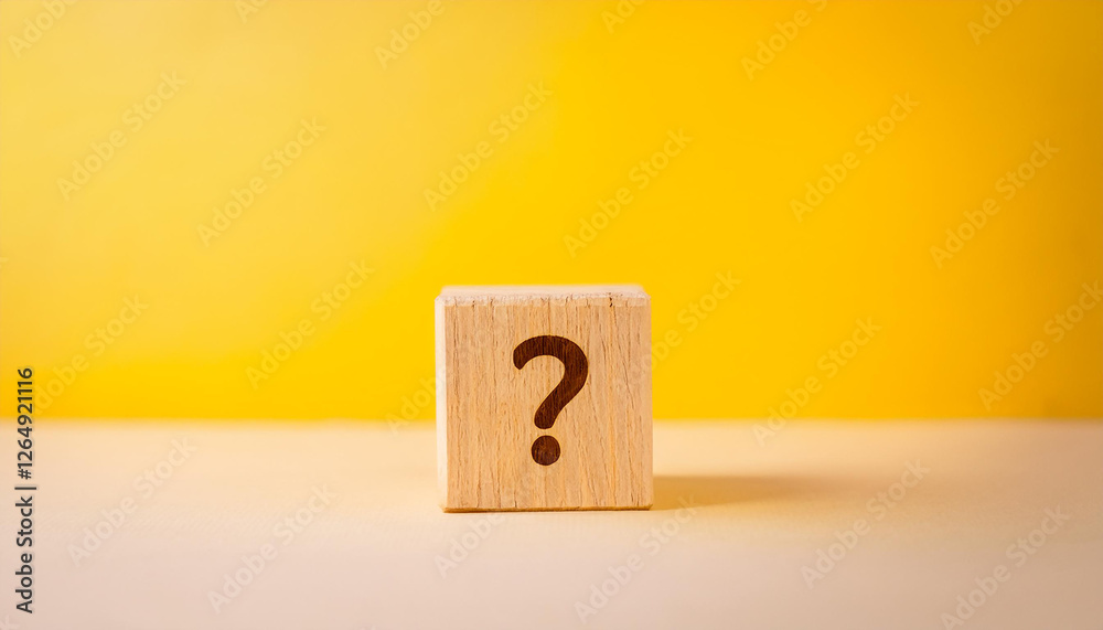 Poster wooden cube with question mark against yellow background. faq and qa. problem solution.