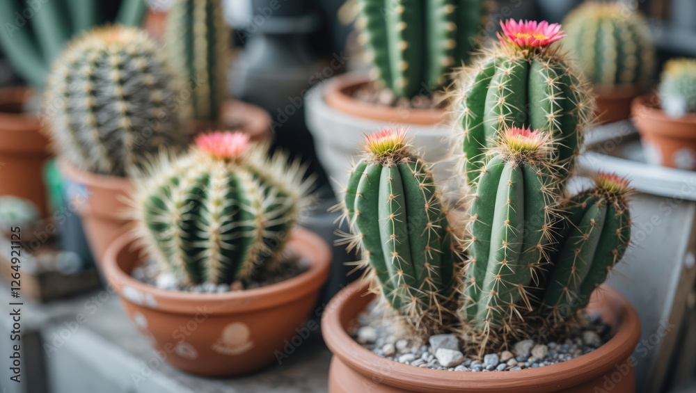 Poster cacti in terracotta pots with colorful flowers arranged in a greenhouse setting copy space