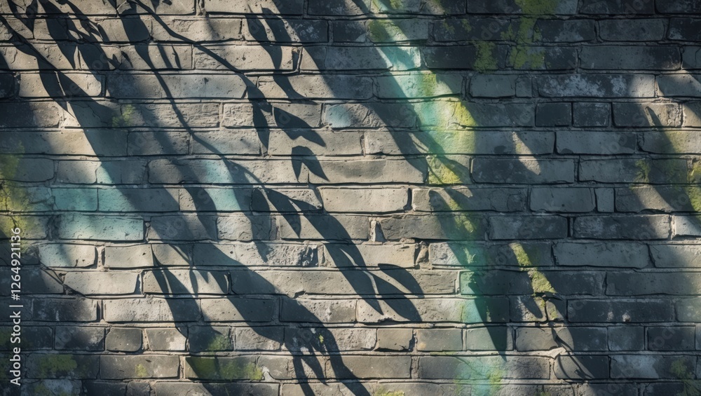 Poster Shadow patterns on a textured brick wall with green and blue hues and natural light creating an abstract backdrop with Copy Space