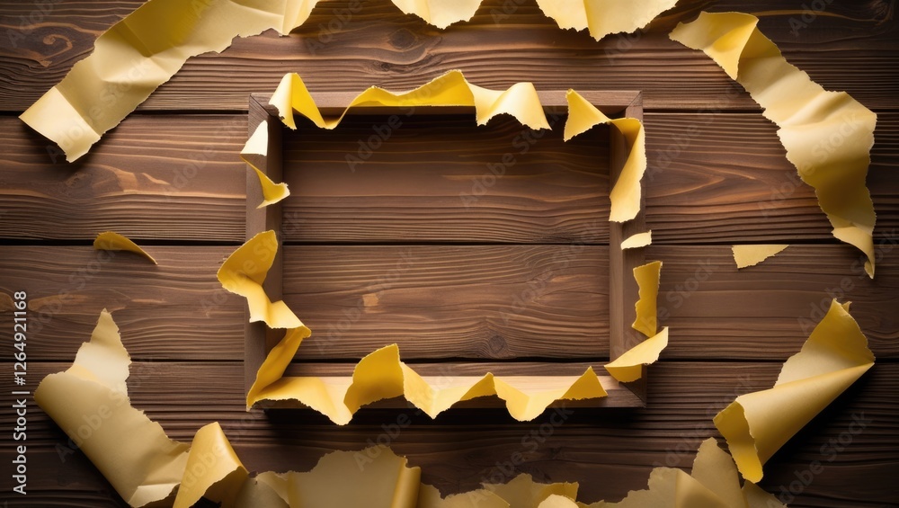 Poster Wooden frame surrounded by curled yellow paper on a rustic wooden background with ample Copy Space for text placement
