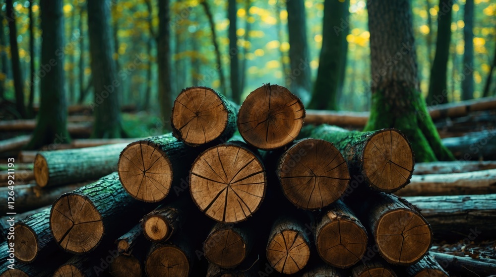 Poster Stacked logs in a tranquil forest setting with dappled light filtering through trees showcasing wooden textures and natural colors Copy Space