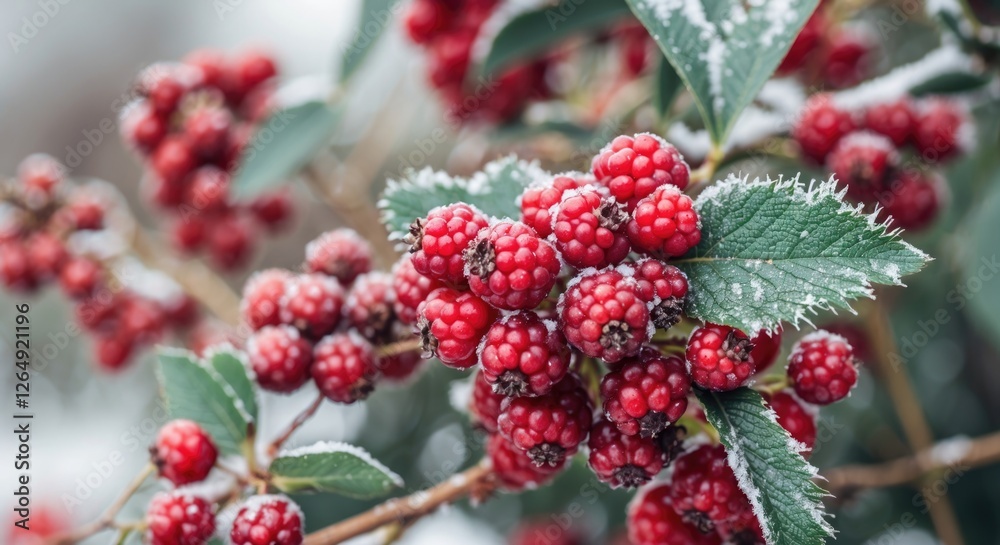 Poster Frosted red berries on a branch with green leaves in a winter landscape with soft focus and Copy Space for text placement