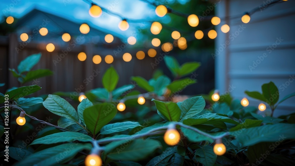 Aufkleber Warm glowing string lights adorned among lush green leaves in a tranquil backyard setting with soft bokeh background Copy Space