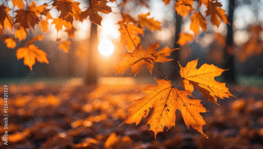 Poster golden autumn leaves with sunlight in background creating warm ambiance in a tranquil forest scene c