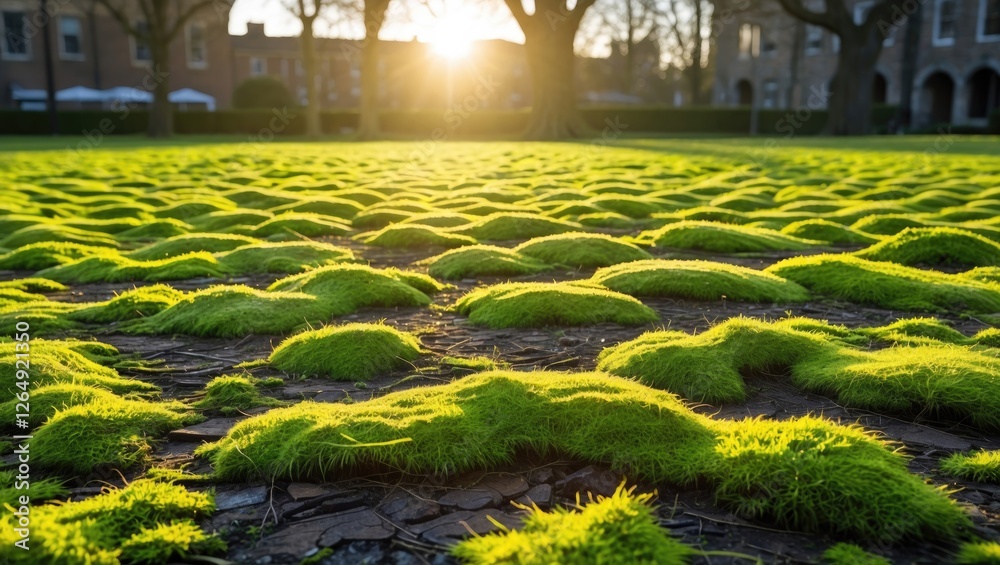 Poster green moss covering ground with sunlight streaming through trees creating a natural textured landsca
