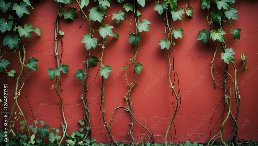 Poster ivy vines growing against a textured red wall with green foliage at the base providing natural contr