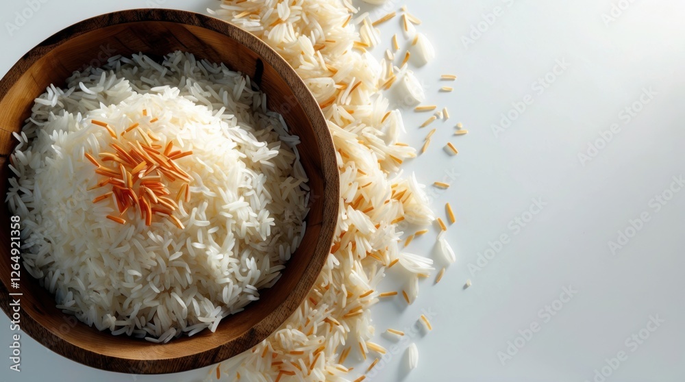 Poster bowl of uncooked rice with a sprinkle of vermicelli on top and scattered rice grains around on a whi