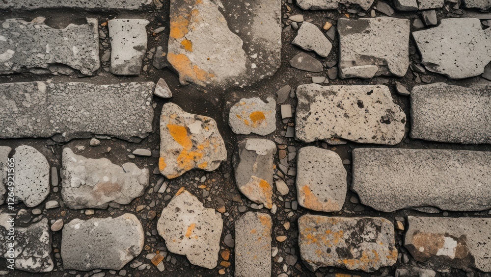 Aufkleber Textured cobblestone surface with weathered stones and patches of orange lichen showing natural variation in colors and shapes Copy Space