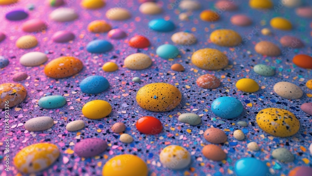 Aufkleber Colorful decorative pebbles on a textured surface with vibrant speckles and a soft gradient background ideal for visual elements Copy Space