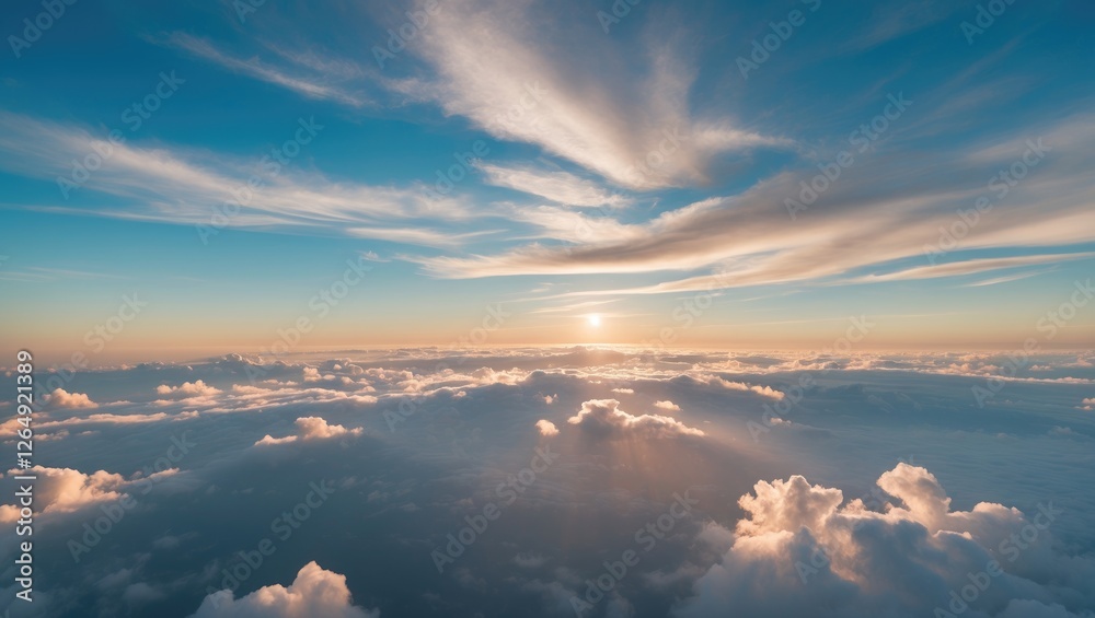 Poster Aerial view of cloud formations under a colorful sunset sky with sunlight rays illuminating the scene and ample copy space.