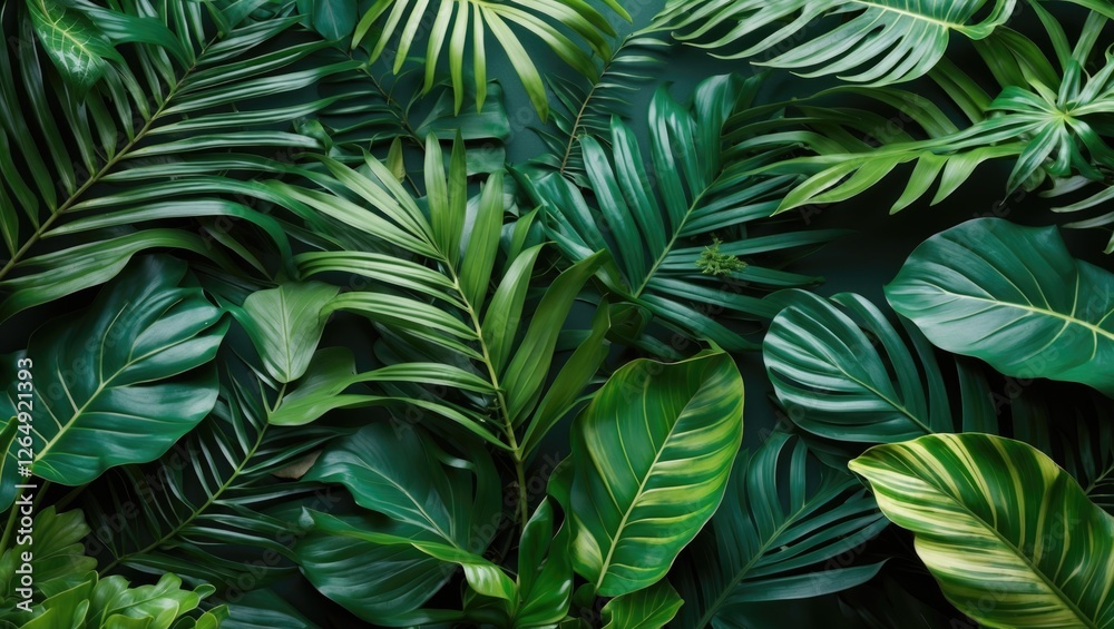 Poster tropical green leaf background with various palm and foliage plants suitable for nature themes and d