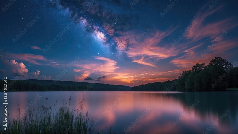 Poster Lake landscape at twilight with reflections of clouds and trees on calm water under a starry sky with a copy space for text