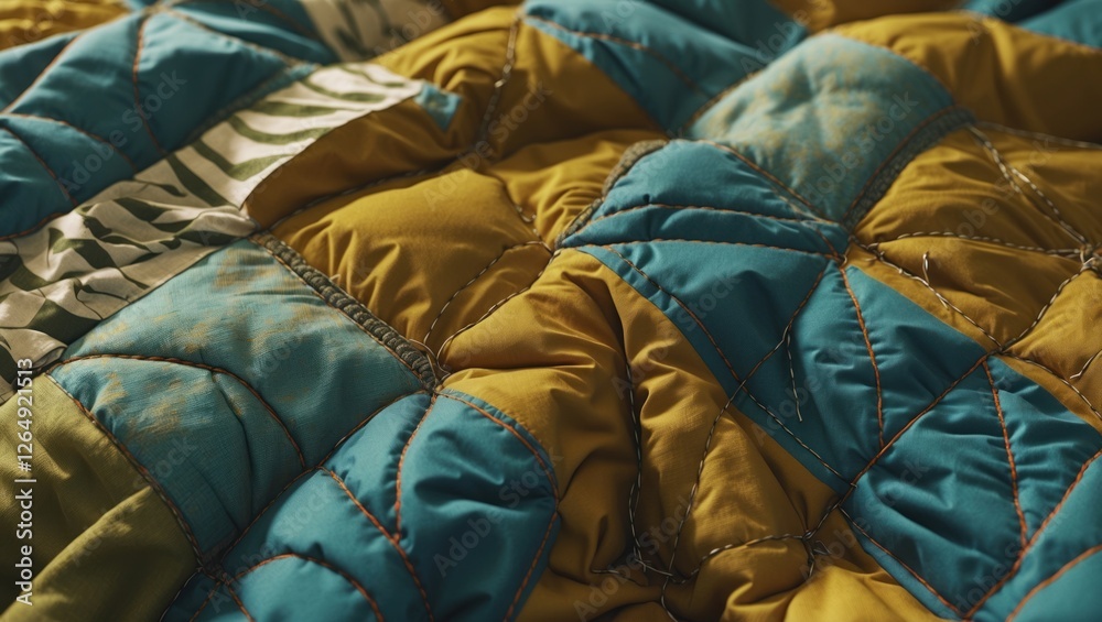 Aufkleber Colorful quilted fabric close-up showcasing intricate stitching and vibrant patterns with textured layers and folds. Copy Space