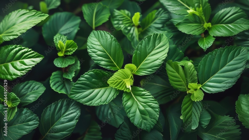Poster close-up of lush green leaves with varying textures and shapes, suitable for nature backgrounds and 