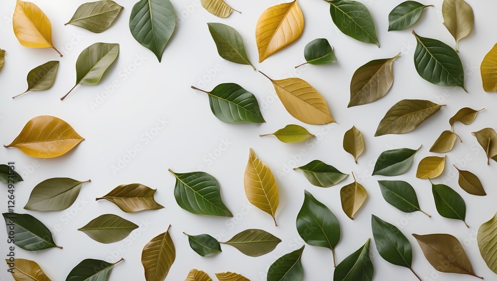 Aufkleber Various types of leaves displayed on a white background showcasing diverse colors and shapes with Copy Space for text placement.