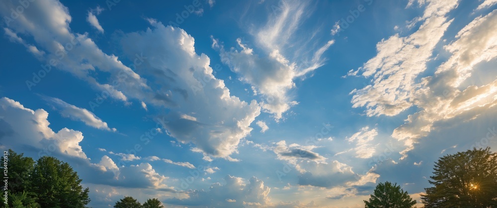 Aufkleber dramatic cloud formations in a blue sky above trees during golden hour with copy space for text plac