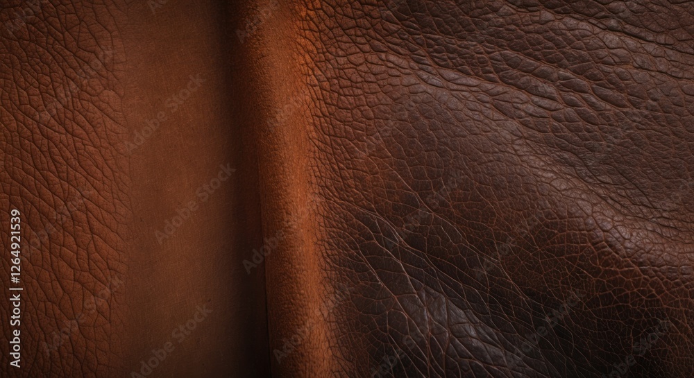 Poster brown leather texture with natural grain pattern close-up, soft folds and shadows, ideal for design 
